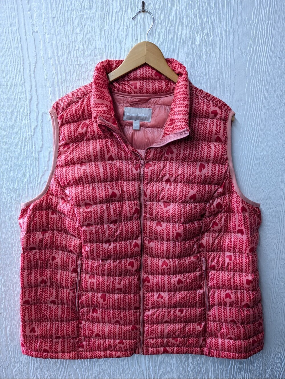 Woman Within Pink Red Hearts Puffer Vest Winter Outdoors Plus Size 1X 22/24